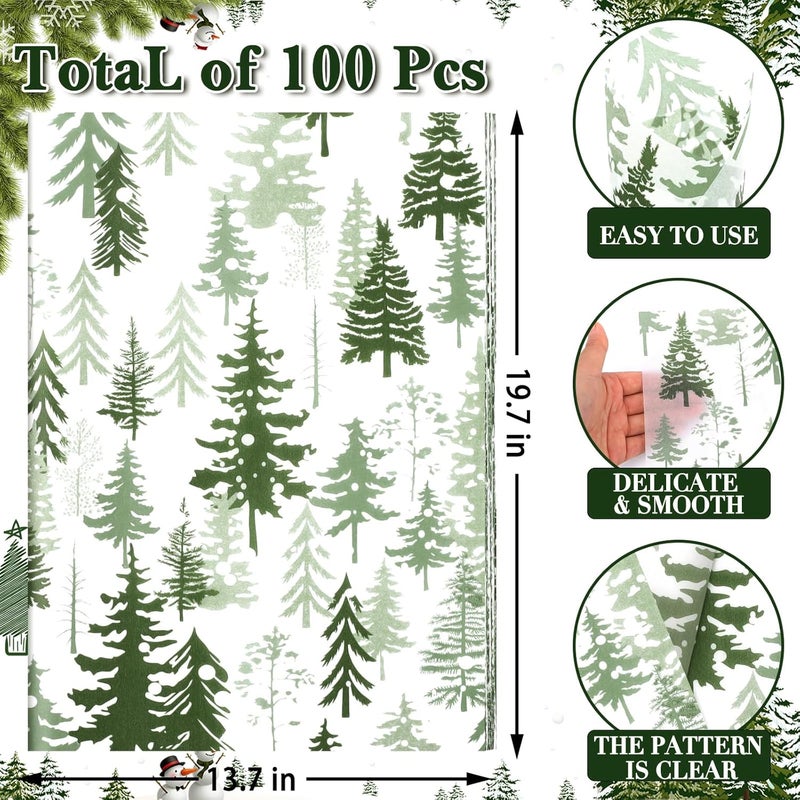 Welpurch 100 Sheets Christmas Tree Tissue Paper, 20 x 14in Watercolor Xmas Tree Gift Wrapping Paper Greenery Art Decorative Tissue for Christmas Winter Party Supplies (Sage Green) - Image 2